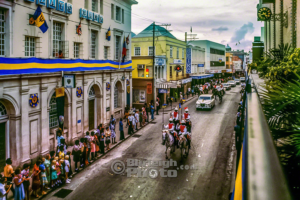 Queen Elizabeth's procession moves up Broad Street on the way to open the Barbados Parliament, Silver Jubilee, 1977